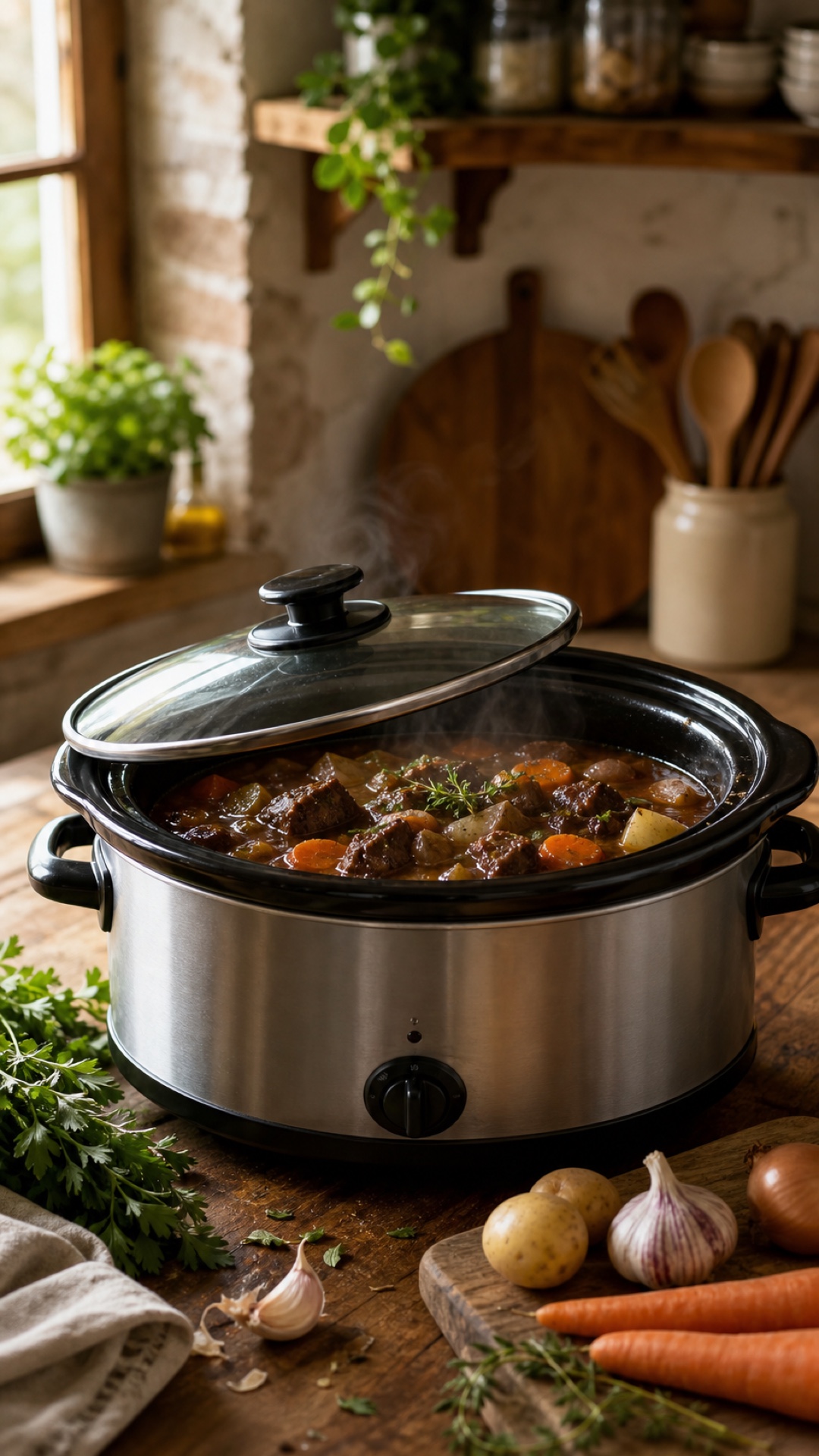 Slow cooker con spezzatino in una cucina rustica