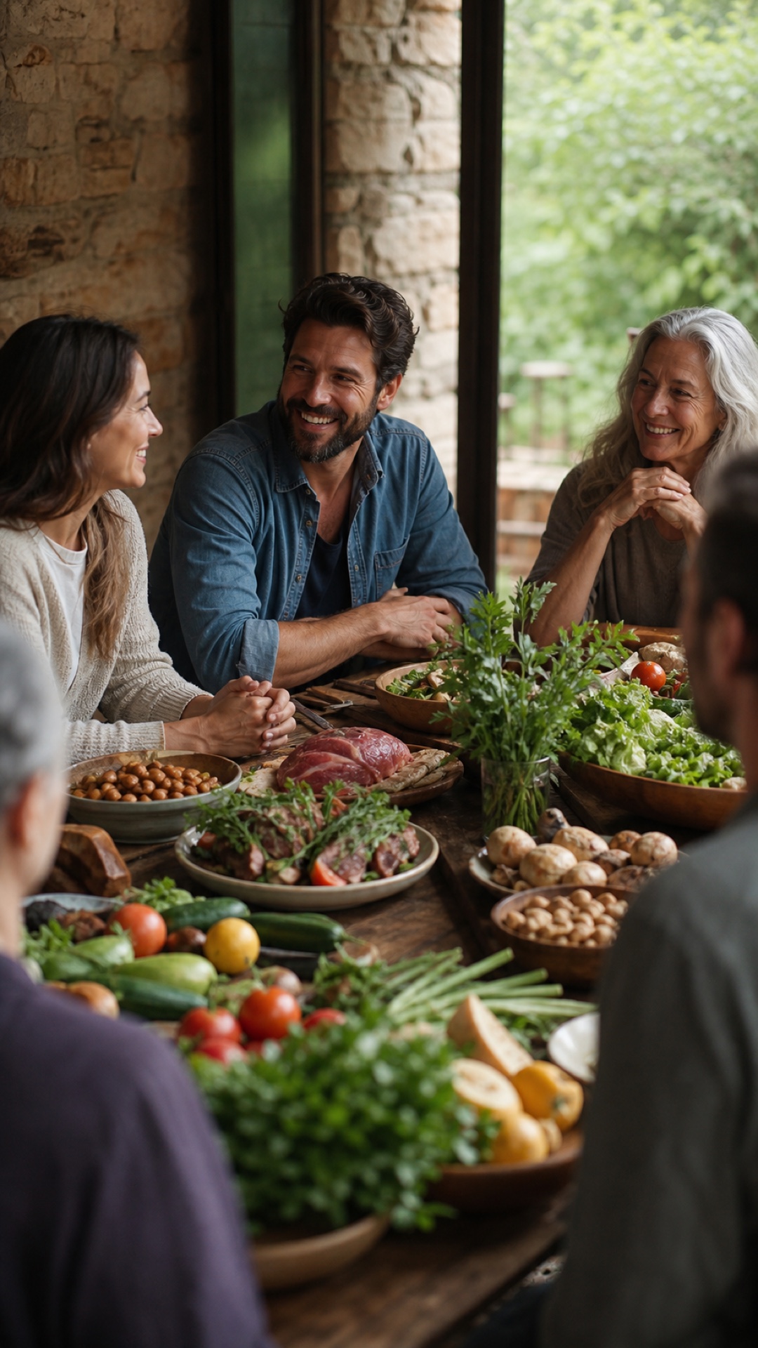 Comunità riunita attorno a un tavolo con alimenti naturali